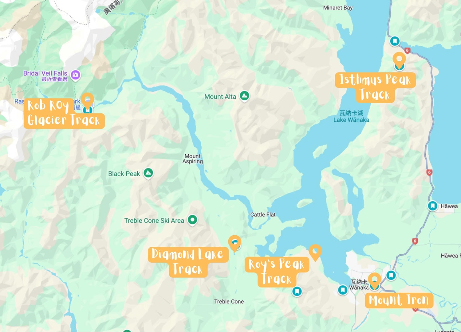 Wanaka 五大步道 分佈圖